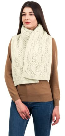 SAOL Aran Fisherman Leaf Schal für Damen, irische traditionelle Merinowolle, Schalldämpfer, hergestellt in Irland, Natürlich, Einheitsgröße