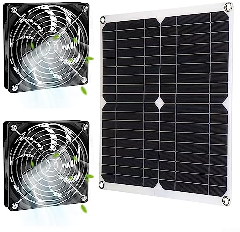 URPIZY Solarpanel-Ventilator-Set, 25 W, solarbetriebener Doppelventilator, wasserdicht, solarbetriebener Ventilator für den Außenbereich, für Hühner-Hundehäuser, Gewächshäuser, Wohnmobil-Dach