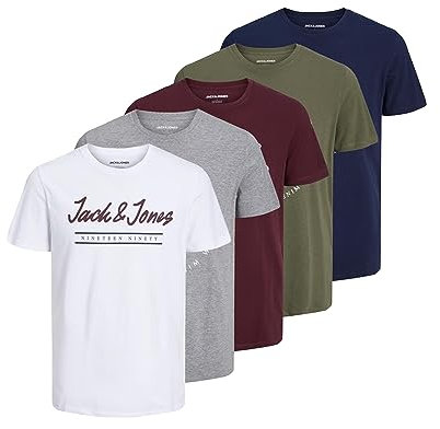 JACK & JONES Men's T-Shirts Crew Neck Short Sleeve 5 Multi Pack Designer Tee, S (UK, Alpha, S, Regular, Regular)