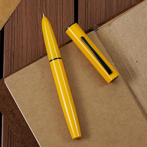 HONG DIAN C1 Fountain Pen Extra Fine Nib, Lemon Yellow & Classic Retro Design Metal Pen with Ink Converter