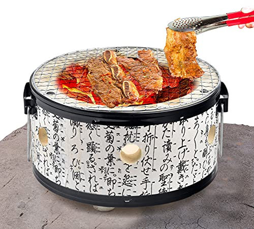 RajoNN Holzkohlegrill aus Ton, Holzkohleofen im japanischen Stil, Tischgrill für den Außenbereich mit Holzschale und Edelstahlnetz, 25 x 12 cm