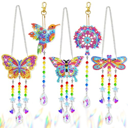 LYLIDIA 5 Stück Diamond Painting Sonnenfänger Anhänger Kinder Erwachsene Basteln Mädchen 6 7 8 10 Jahre 5D Doppelseitiges Schmetterling Diamant Painting Geschenk