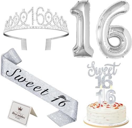 Amosking 16 Geburtstag Dekorationen Silber, einschließlich Sweet 16 Schärpe und Tiara, Sweet 16 Cake Topper und Kerzen, Zahlenballons, 16 Jahre alte Geschenke für Mädchen
