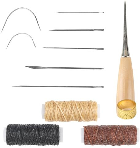 12PCS Leather Sewing Needle 12m Waxed Thread Kit Hand Sewing Needles Cord Drilling Awl Thimble Curved Needle for DIY Leather Repair Hand Stitching Embroidery Bookbinding