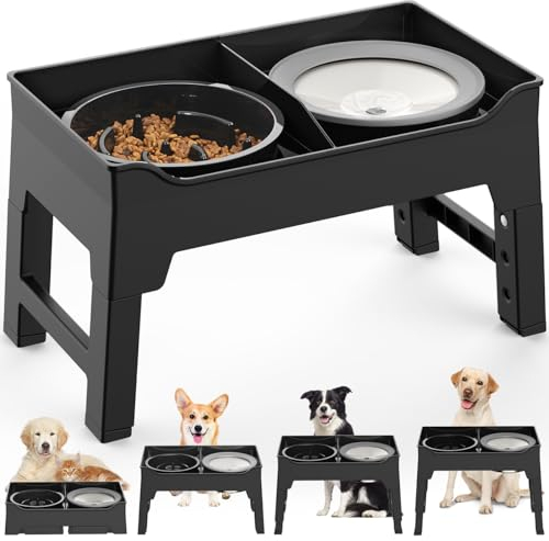 Tivray Comedero Elevado Antivoracidad para Perros - 4 Alturas Ajustables, Acero Inoxidable Con Soporte, Bebedero Antigoteo para Medianos y Grandes, Negro