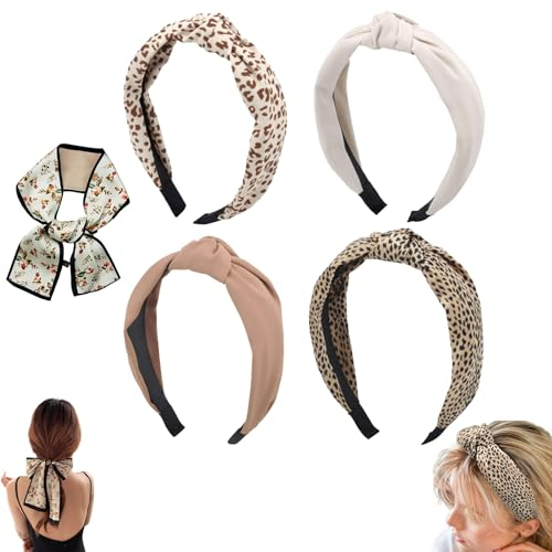 KunpengZen Lot de 5 Serre Tete Femme, Léopard Bandeaux Mode pour Femmes, Vintage Noeud Croisé Foulard Cheveux Femme pour Filles