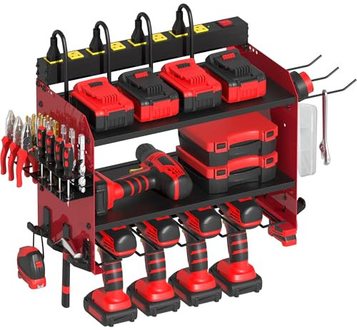 CFMASTER Garage 4 Bohrer-Aufbewahrungsregal mit Haken, Schraubendreher, Bohrer, Schwerlastregal, Werkzeug-Batteriehalter, eingebaute Steckdosenleiste mit 8 Ausgängen
