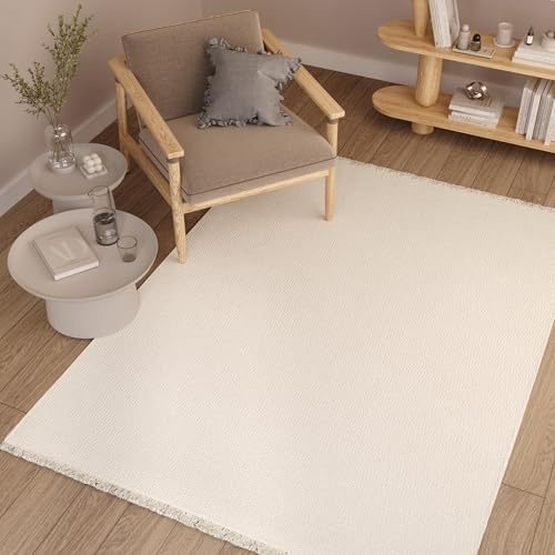 TAPISO Agra Teppich Creme Einfarbig Schlingen Wohnzimmer 240 x 340 cm | Teppich mit Fransen Modern Boho Design Weich Loop Optik Schlafzimmer OEKO-TEX