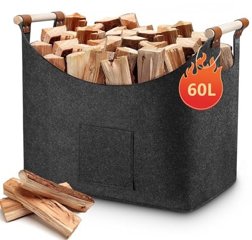 yuejuhe XL Borsa in Feltro per Legna da Ardere, 60L Cestino Cesto Portalegna, Borsa Porta Legna per Camino, per Stoccaggio della Legna in Interni (Grigio Scuro)