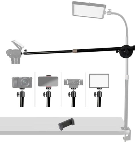 Tentucro Overhead Camera Mount Extendable Arm with Rotatable Clamp, 1/4 Ballhead, Phone Holder, 14 - 24 Adjustable for DSLR Camera, Phone, Ring Light & Webcam, Live Streaming (Horizontal)