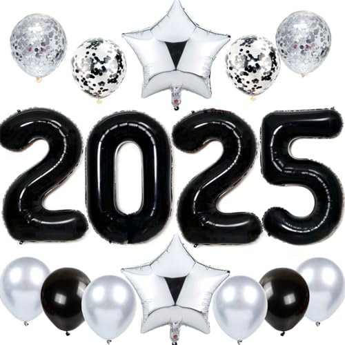 Silvester Deko 2026 Schwarz, Feelairy Luftballons Neujahr Deko 2026 Silber, Helium Ballon 2026 Schwarz Silber Folienballon Zahl 2026 für Jahreswechsel Neujahr Silvester Party Dekoration