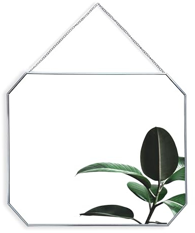 GreyZouq Rectangular (octagonal) Wall Mounted Mirror with Hanging Chain and Metal Frame (40 centimetres). For bathroom, bedroom, living room and hallway. (Silver)