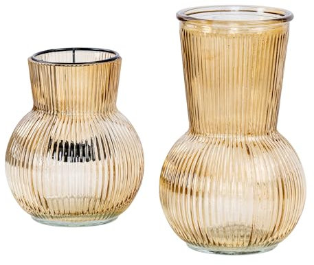 2er Set Tischdeko Vase Windlicht Beige Braun Glas Rund Teelichthalter Retro Rillen Deko Kerzenhalter Blumenvase Glasvase Deko-Set