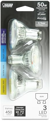 Feit Electric MR16 LED Reflector Light Bulb, 50W Equivalent, Dimmable, GU10 Base, 90+ CRI, 450 Lumen, Adjustable Color Temperature Track Lighting, 25,000-Hour Lifespan, BPMR16GU10503CCTCA/3, 3-Pack