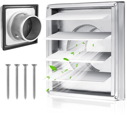 Lüftungsgitter Edelstahl 100mm mit Rückschlagklappe, Wetterschutzgitter mit Insektenschutzgitter Bewegliche Lamellen für VMC-Rohr und Abdeckung Dunstabzug Außen Mit Kautschuk Dichtung (100mm)