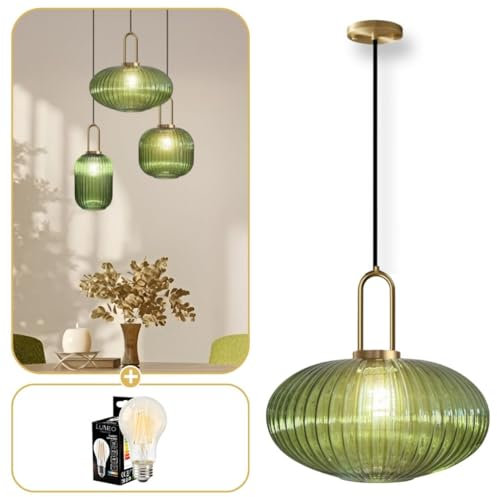 Lumeo creative | Suspension verre fumé Cristali | Lustre vintage pour salle à manger, ilot de cuisine, entree | suspension luminaire salon doré | Suspension vintage (Vert Impérial, C - Poignée Anse)
