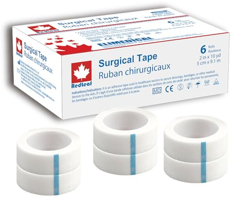 REDLEAF Cinta quirúrgica de papel, cinta adhesiva médica transpirable para primeros auxilios y apósitos para heridas. (5cm x 9,1m - 6 rollos)