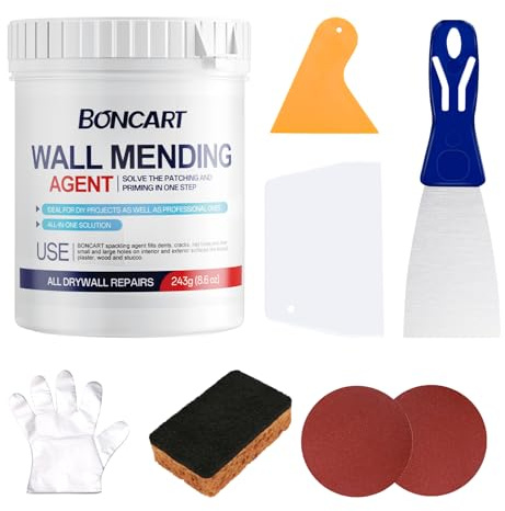 BONCART 8.6oz Drywall Patch Repair Kit - Professional All-in-1 Tool Set (Scrapers/Sandpaper/Texture Sponge/Gloves/Putty Knife) for Fast Wall Hole Repair