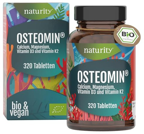 NATURITY Bio Osteomin mit Vitamin D3 und K2, vegan, 320 Tabletten | 4 Nährstoffe in einem Komplex statt einzelner Präparate, Calcium aus Rotalgen, zertifiziert nach EG-Öko-Verordnung