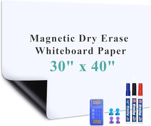 Warasee - Rollo de papel blanco magnético de borrado en seco, 76 x 101,6 cm, fácil de escribir y limpiar, borrado en seco, para niños, oficina, hogar, con marcador, borrador