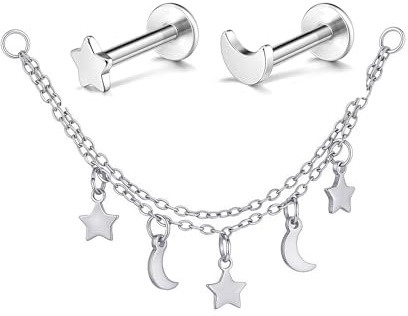 JSDDE Ohrstecker mit Kette Silber Stern Mond Helix Piercings 1.2mm/16ga 6mm Ohrpiercing für Tragus Knorpel Conch Daith Cartilage