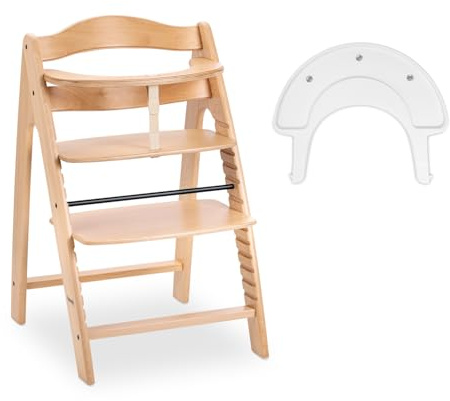 hauck Arketa Hochstuhl mit Klick-Spielbrett (ohne Spiel), Beech | 13-fach verstellbare Sitz & Fußplatte, 5-Punkt-Gurt, Schrittgurt, Schutzbügel, Kinderhochstuhl aus Buche, 6 Monate bis 130 kg