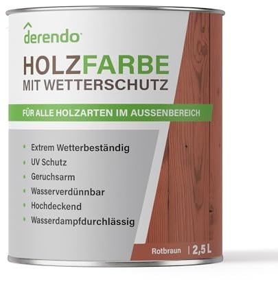 derendo Holzfarbe Rotbraun außen wetterfest Wetterschutzfarbe Braun 2,5l | Langzeitschutz, Holzlack seidenglänzend , Holzschutzlasur hohe Deckkraft, Außenbereich
