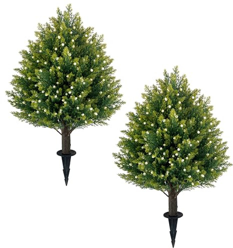 21'' Artificial Cedar Topiary Ball Trees with Ground Spike, UV Resistant Fake Plant Brush, 2 Pack Artificial Shrubs for Outdoor Indoor Front Porch Garden