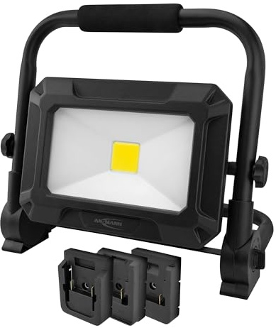 ANSMANN LED Arbeitsleuchte, kompatibel mit 18V Akkupacks, inkl. Adapterplatten für Bosch, Makita, Milwaukee/Dewalt, robuster Baustrahler für Werkstatt, Baustelle 50 Watt, 3 Helligkeitsstufen