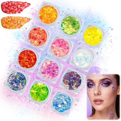 Kuvarix Festival Glitzer Gesicht,12 Farben Fluoreszierendes Chunky Glitter Gel für Gesicht, Körper & Haare, Neon UV Body & Gesichtsglitzer für Party, Festival, Karneval & Maskenball Make-up