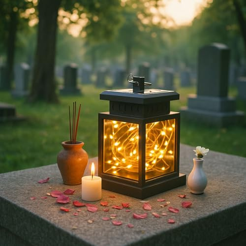 Lanterne funéraire résistante aux intempéries pour cimetière, lanterne solaire pour jardin de tombe, lampe funéraire pour tombe d'urne, lanternes funéraires noires avec bougies LED, petit photophore
