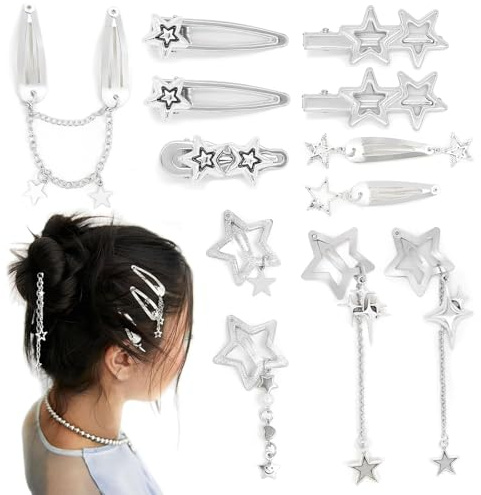 Auroriel 12 Stück Y2K Stern Haarklammern Metall Punk Haarspangen Kawaii 2000er Jahre Haarklammern 10 Stile Silber Pentagramm Haaraccessoires Für Mädchen Frauen
