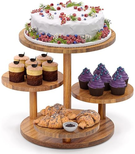 NEWFUN Presentoir a Gateau, Étagère à 4 Niveaux pour Cupcakes, Présentoir à Gâteaux en Bois, Plateau de Service, Dessous de Plat pour Fêtes, Mariages, Festivals