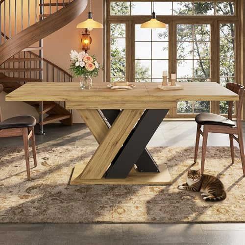 Zepneiy Table de Manger Extensible (119-158,5 × 80 × 75 cm), avec Pieds en X, Compartiments de Rangement intégrés, Table de Cuisine Extensible, Convient aux Cuisines et Salons, Naturelle + Noir