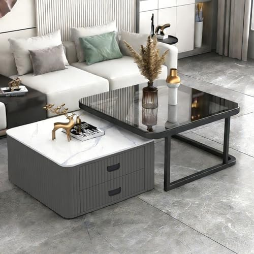 Couchtisch 2er Set, Weiße Marmor Satztisch mit Schubladen, Beistelltisch mit Metallrahmen und Glas, Platzsparender Moderne Sofatische für Schlafzimmer Wohnzimmer Balkon Wohnung,Quadratisch Grau