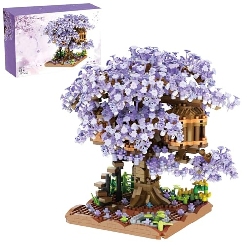 Kirschblüten-Baumhaus, Kunststoff, Kirsch-Bonsai-Baum, zusammengebaut, niedliche Blume, DIY-Mini-Baustein-Sets für Erwachsene ab 14 Jahren, Teenager (ohne Licht), Lila