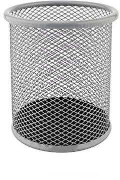 D.RECT KOMO Pastel Grey Metal Mesh Pen Holder – Round Desk Organizer for Office & Home, Sturdy Pencil Cup, Minimalist Design