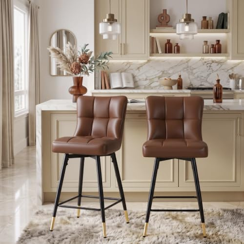 Bekrvio 360° Drehbarer Barhocker 2er Set mit Rückenlehne, 65cm Sitzhöhe, 10cm Dickem Sitzkissen, Kunstleder Bezug & Stabilen Metallbeinen mit Fußstütze für Küche, Tresen & Bar Dunkelbraun