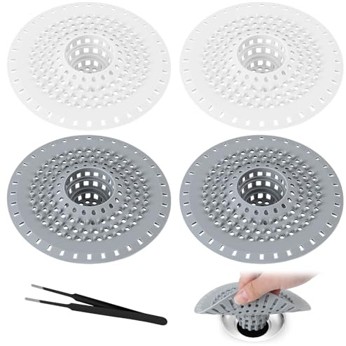 4 Stück Abflusssieb Silikon, Haarsieb Dusche mit 1 Pinzette, Universal Abfluss Sieb für Küche, Dusche, Badewanne, Waschbecken, Anti-Verstopfung Sink Strainer(Grau+Weiß)