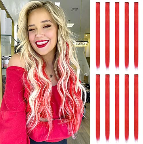 FESHFEN Farbige Haarverlängerung, 10 PCS Rot Haarteil für Damen Synthetik Party Highlight Bunte glatte Haarverlängerungen Clip in Haarteil für Frauen, 55cm