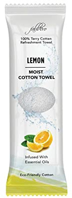FabbPro Oshibori Moist Terry Cotton Refreshment Towels (25 Pack, 8 x 8 Inches) - White Scented Pre-moistened Towel to Use Hot or Cold (Lemon)