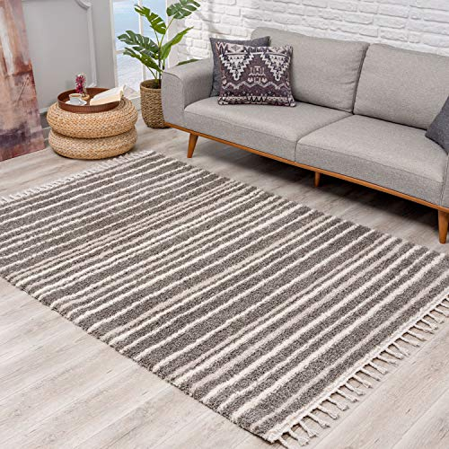 Teppich Hochflor Wohnzimmer - Ethno Stil 80x400 cm Grau Creme - Teppich-Läufer mit Fransen