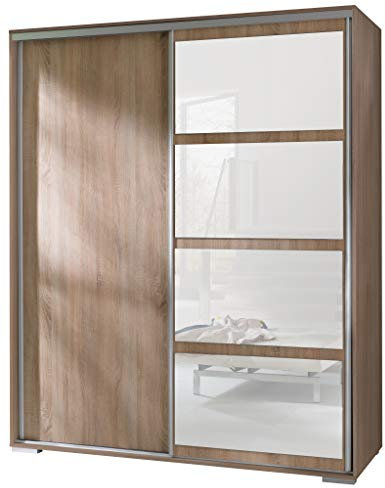 FurnitureByJDM Armoire Chambre avec Miroir – Armoire avec 2 Portes Coulissantes, 2 Tringles à Vêtements et 5 Étagères – 180 cm de Large - Leo (Chêne Sonoma)