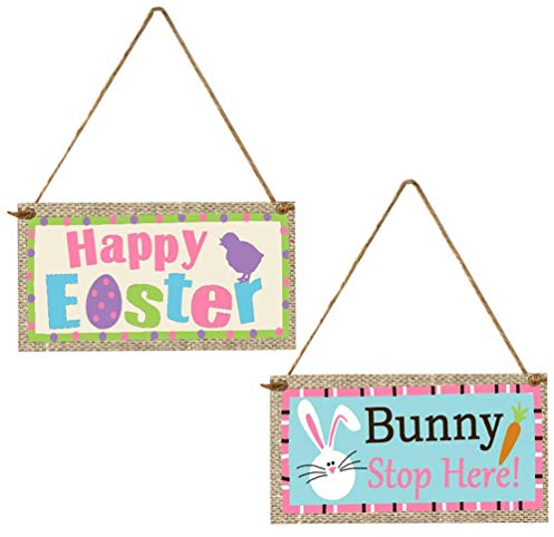 PRETYZOOM 2pcs Türschild Ostern Wandschild Osterhase Deko Küken Hase Holzschild mit Kordel zum Aufhängen Osterdeko Willkommen Schild für Haustür Gartendeko Begrüßung Schriftzug Frohe Ostern