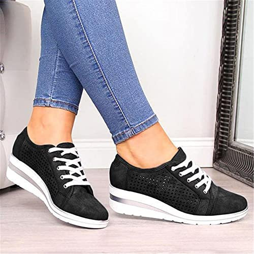 Faxkjeuls Las mujeres vintage con cordones zapatos de lona casual zapatillas de deporte de plataforma de cuña transpirable zapatillas de deporte de tacón Meddle bomba punta zapatos al aire libre