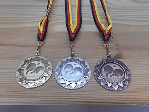 Fanshop Lünen Tischtennis 3 Stück Medaillen aus Metall 40mm - Gold, Silber, Bronze, TT - mit Emblem 25mm - mit Medaillen-Band - Turnier - (e104)