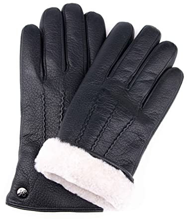 Hand Gewand by Weikert CHUCK– Markante Herren Ziegen-Lederhandschuhe mit CURLY-Lammfell gefüttert, Touchscreen-fähig, elegante Naht, Lammfellhandschuhe, Herren Lederhandschuh