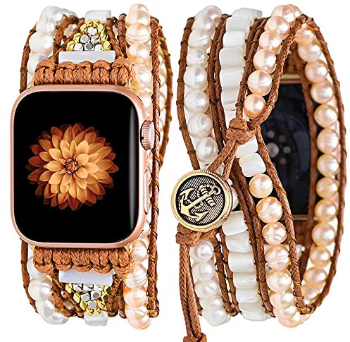 Somesame Cinturino per Apple Watch da 49 mm, 45 mm, 44 mm, 42 mm, con perline in stile bohémien, multistrato a 3 strati con perle naturali fatte a mano, per iWatch SE/Ultra Series 9, 8, 7, 6, 5, 4, 3,