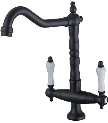BOAOTX Wasserhahn Küche Schwarz Retro, Küchenarmatur Zweigriffmischer, Spültischarmatur 360° Schwenkbar, Mischbatterie Küchenspüle Armatur Hoher Auslauf aus Messing Hochdruck