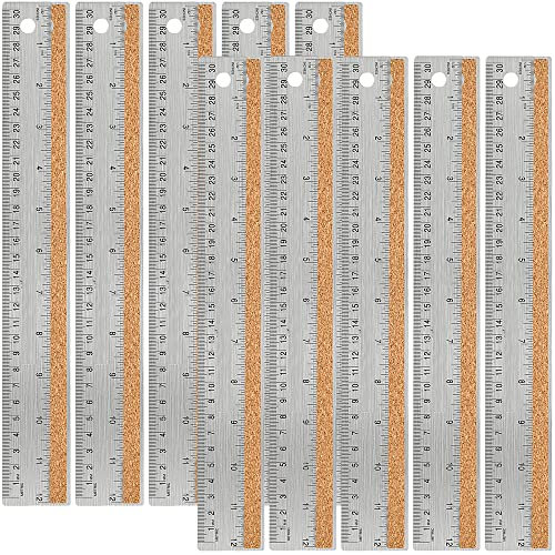 Edelstahl-Metall-Lineal: [10 Stück 30.5 cm] Edelstahl-Metall-Lineal mit Korkrückseite, rutschfeste Lineale mit Zoll und Zentimeter, Bürowerkzeuge, verhindert Auslaufen von Tinte